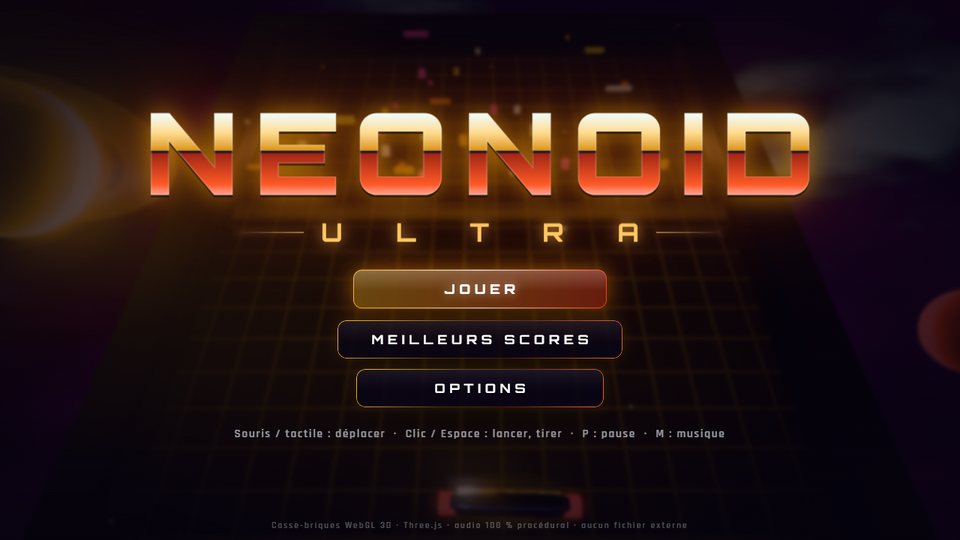 Écran titre de NEONOID ULTRA : logo chromé orange au-dessus d'une arène en grille néon