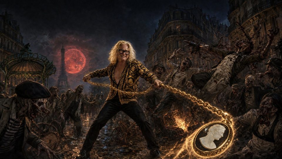 Pierre-Jean fait tournoyer une chaîne en or au milieu des zombies, la tour Eiffel sous une lune rouge
